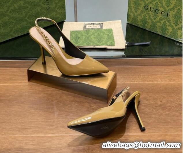 Sumptuous Gucci Signoria Slingback Pumps 10.5cm in Patent Leather Khaki 1119164