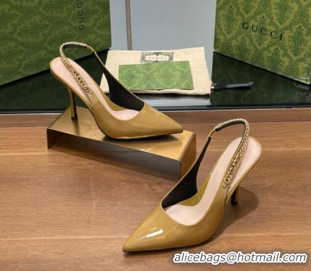 Sumptuous Gucci Signoria Slingback Pumps 10.5cm in Patent Leather Khaki 1119164