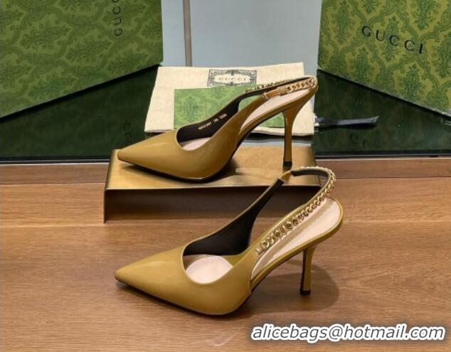 Sumptuous Gucci Signoria Slingback Pumps 10.5cm in Patent Leather Khaki 1119164