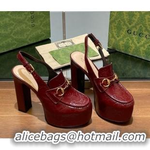 Purchase Gucci Horsebit Platform High Heel Slingback Pumps 14cm in GG Leather Burgundy 1119167