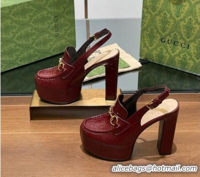 Purchase Gucci Horsebit Platform High Heel Slingback Pumps 14cm in GG Leather Burgundy 1119167