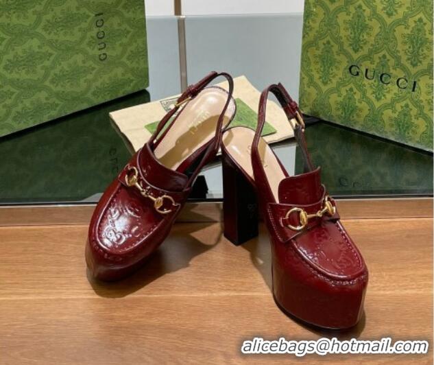 Purchase Gucci Horsebit Platform High Heel Slingback Pumps 14cm in GG Leather Burgundy 1119167