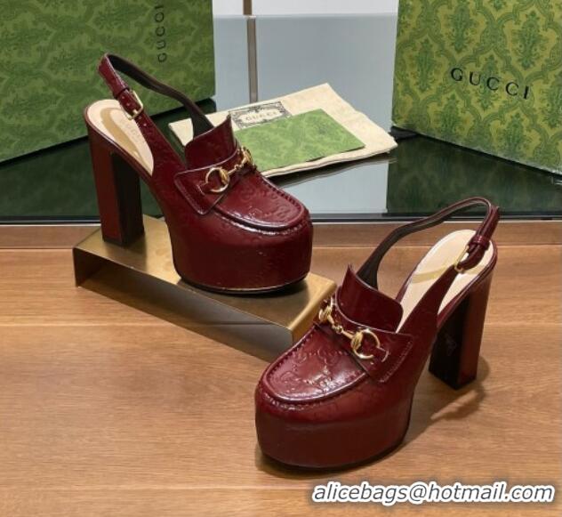 Purchase Gucci Horsebit Platform High Heel Slingback Pumps 14cm in GG Leather Burgundy 1119167