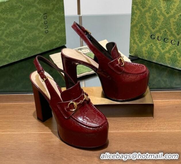 Purchase Gucci Horsebit Platform High Heel Slingback Pumps 14cm in GG Leather Burgundy 1119167