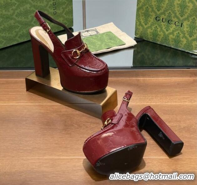 Purchase Gucci Horsebit Platform High Heel Slingback Pumps 14cm in GG Leather Burgundy 1119167