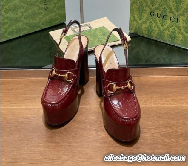 Purchase Gucci Horsebit Platform High Heel Slingback Pumps 14cm in GG Leather Burgundy 1119167