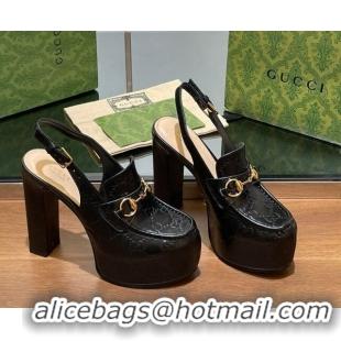 Grade Quality Gucci Horsebit Platform High Heel Slingback Pumps 14cm in GG Leather Black 1119168