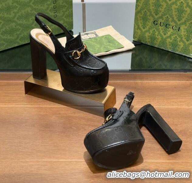 Grade Quality Gucci Horsebit Platform High Heel Slingback Pumps 14cm in GG Leather Black 1119168