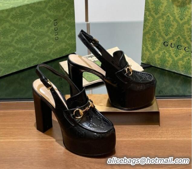 Grade Quality Gucci Horsebit Platform High Heel Slingback Pumps 14cm in GG Leather Black 1119168