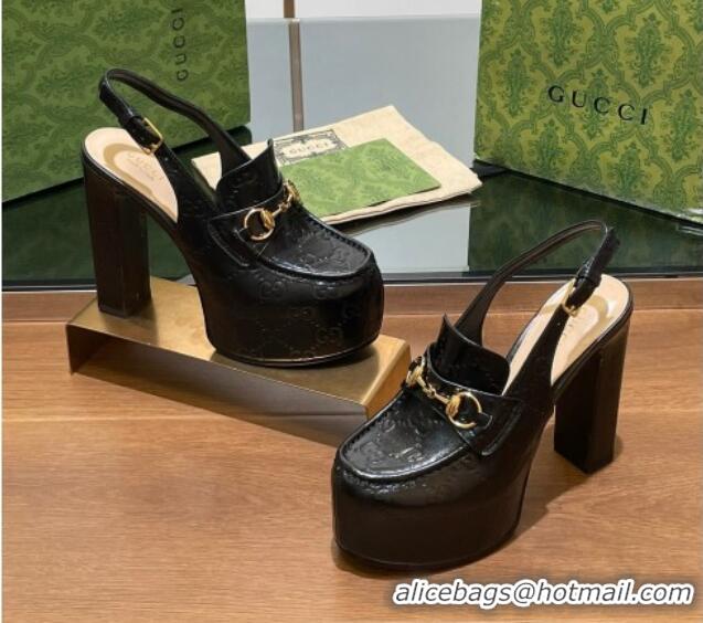 Grade Quality Gucci Horsebit Platform High Heel Slingback Pumps 14cm in GG Leather Black 1119168