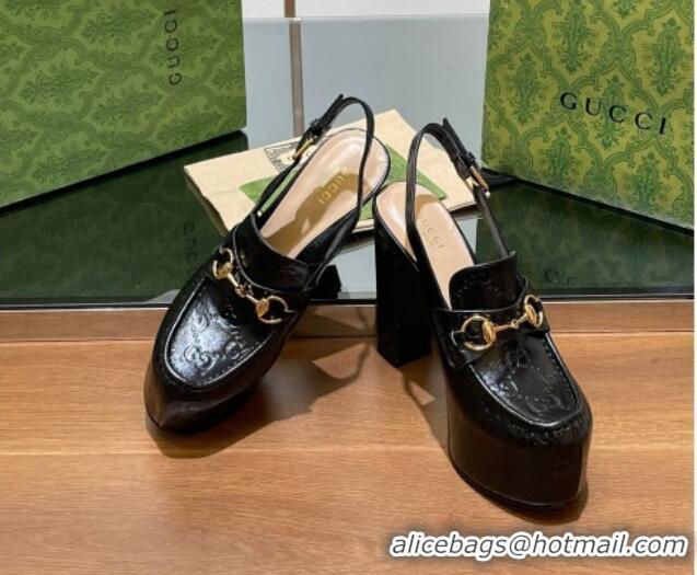 Grade Quality Gucci Horsebit Platform High Heel Slingback Pumps 14cm in GG Leather Black 1119168