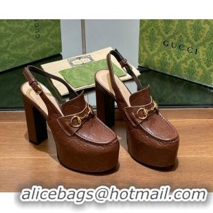 Good Quality Gucci Horsebit Platform High Heel Slingback Pumps 14cm in GG Leather Brown 1119169