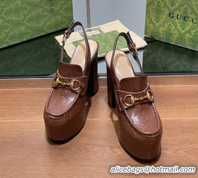 Good Quality Gucci Horsebit Platform High Heel Slingback Pumps 14cm in GG Leather Brown 1119169