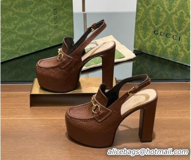 Good Quality Gucci Horsebit Platform High Heel Slingback Pumps 14cm in GG Leather Brown 1119169