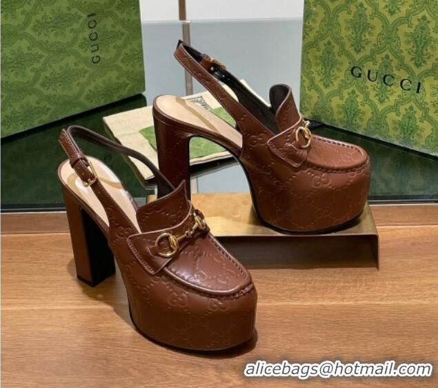 Good Quality Gucci Horsebit Platform High Heel Slingback Pumps 14cm in GG Leather Brown 1119169