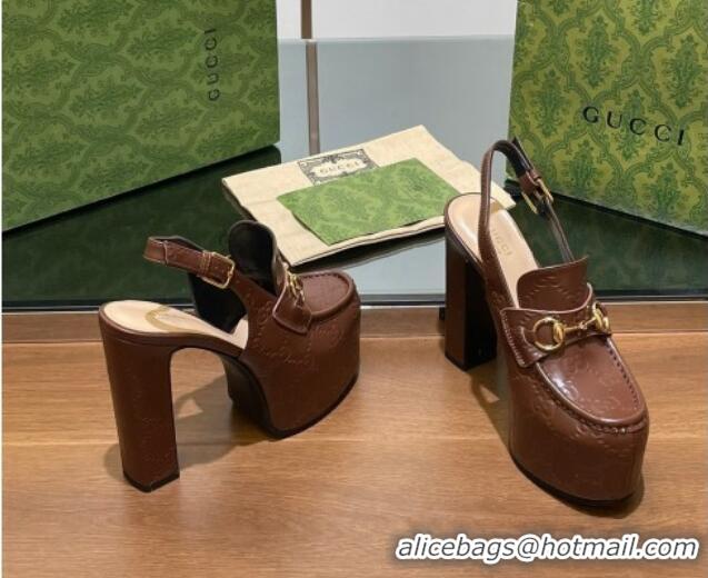 Good Quality Gucci Horsebit Platform High Heel Slingback Pumps 14cm in GG Leather Brown 1119169