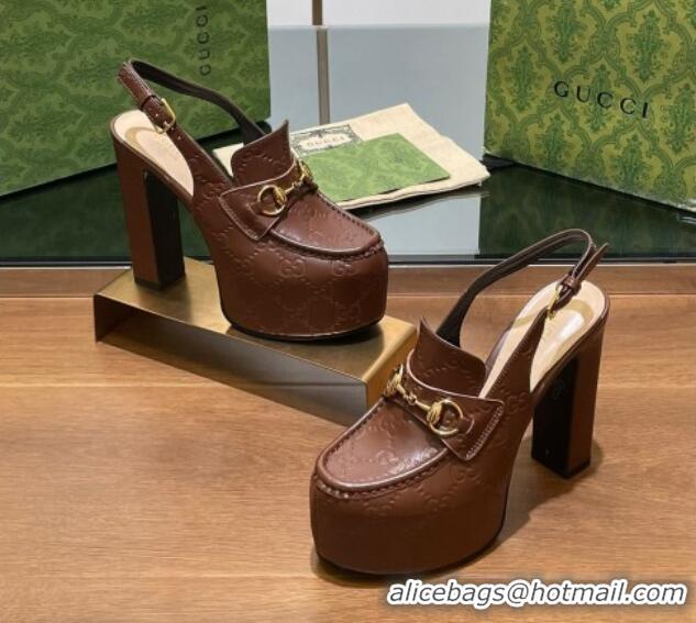 Good Quality Gucci Horsebit Platform High Heel Slingback Pumps 14cm in GG Leather Brown 1119169