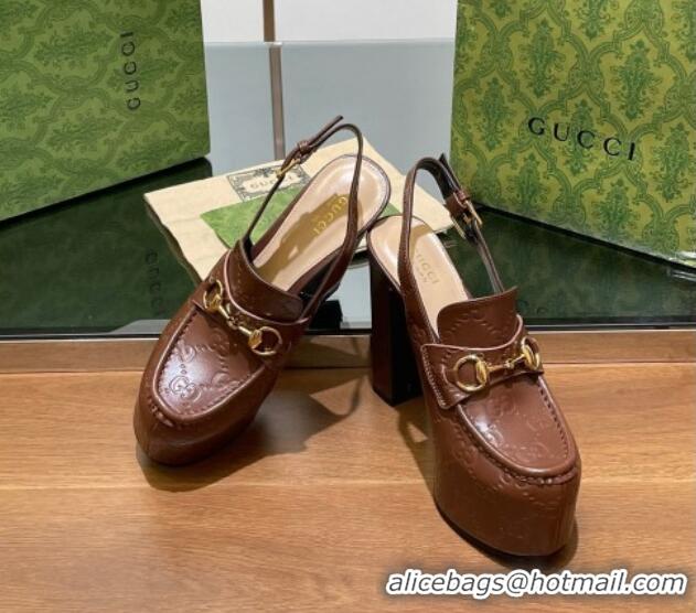 Good Quality Gucci Horsebit Platform High Heel Slingback Pumps 14cm in GG Leather Brown 1119169