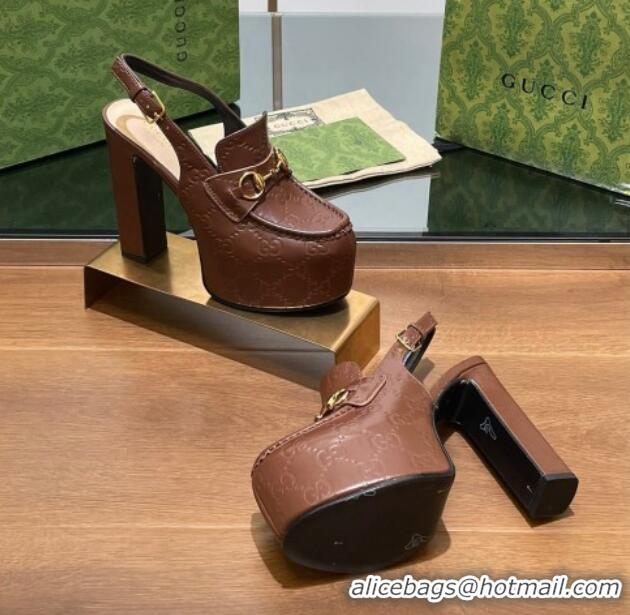 Good Quality Gucci Horsebit Platform High Heel Slingback Pumps 14cm in GG Leather Brown 1119169