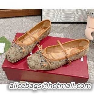 Stylish Gucci Horsebit Ballet Flat in Beige and Dark Brown Original GG Canvas 121904