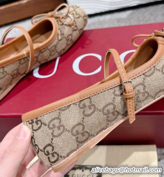 Stylish Gucci Horsebit Ballet Flat in Beige and Dark Brown Original GG Canvas 121904