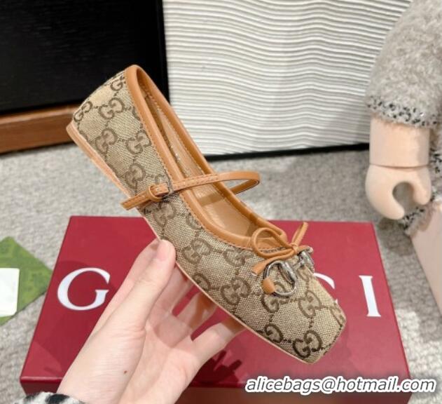 Stylish Gucci Horsebit Ballet Flat in Beige and Dark Brown Original GG Canvas 121904