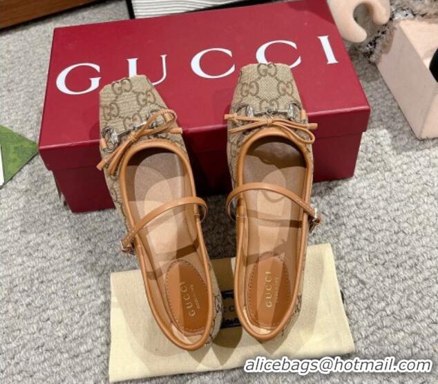 Stylish Gucci Horsebit Ballet Flat in Beige and Dark Brown Original GG Canvas 121904