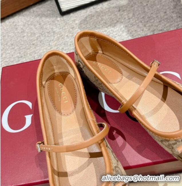 Stylish Gucci Horsebit Ballet Flat in Beige and Dark Brown Original GG Canvas 121904