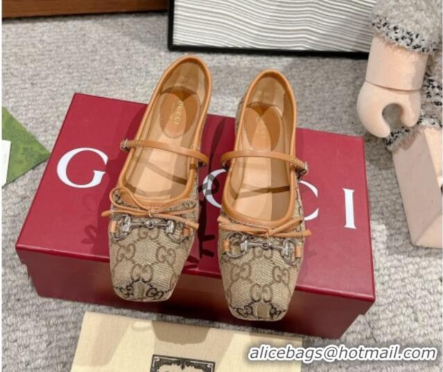 Stylish Gucci Horsebit Ballet Flat in Beige and Dark Brown Original GG Canvas 121904