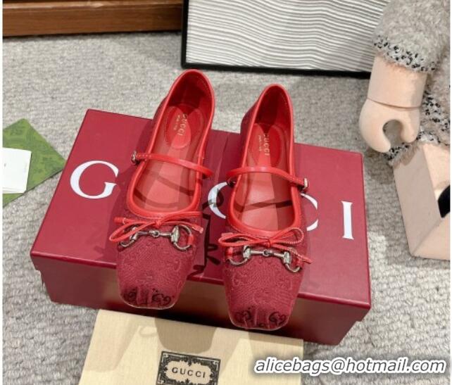 Perfect Gucci Horsebit Ballet Flat in Red Original GG Canvas 121905