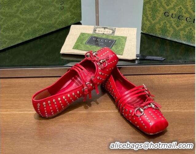 Top Design Gucci Horsebit Ballet Flat in Red Lambskin 121908