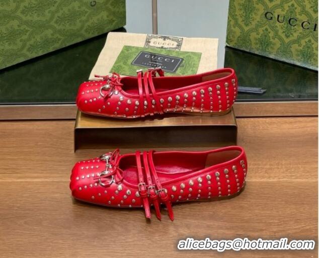 Top Design Gucci Horsebit Ballet Flat in Red Lambskin 121908