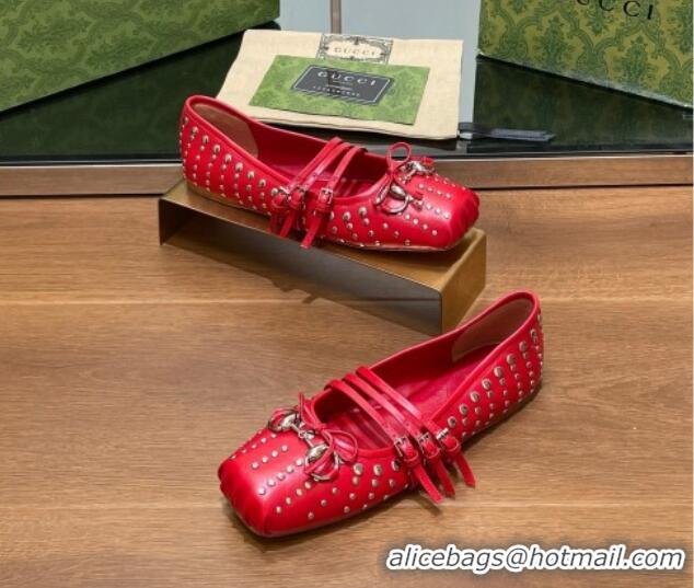 Top Design Gucci Horsebit Ballet Flat in Red Lambskin 121908