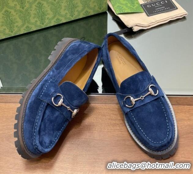 Buy Luxury Gucci Suede Loafers with Horsebit Blue 1231115