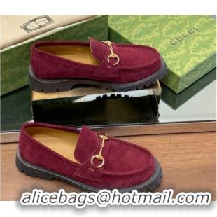 Low Cost Gucci Suede Loafers with Horsebit Burgundy 1231116