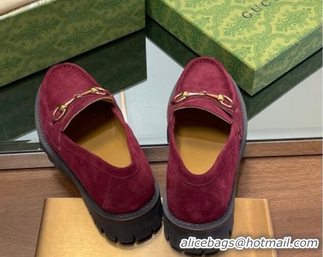 Low Cost Gucci Suede Loafers with Horsebit Burgundy 1231116