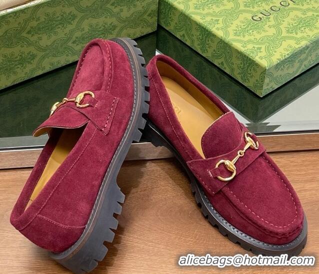 Low Cost Gucci Suede Loafers with Horsebit Burgundy 1231116