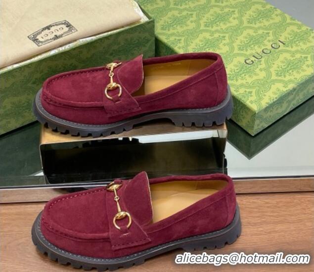 Low Cost Gucci Suede Loafers with Horsebit Burgundy 1231116