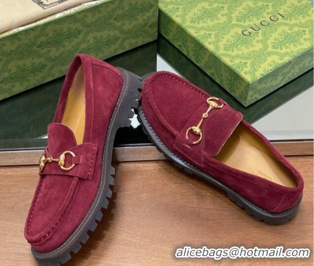 Low Cost Gucci Suede Loafers with Horsebit Burgundy 1231116