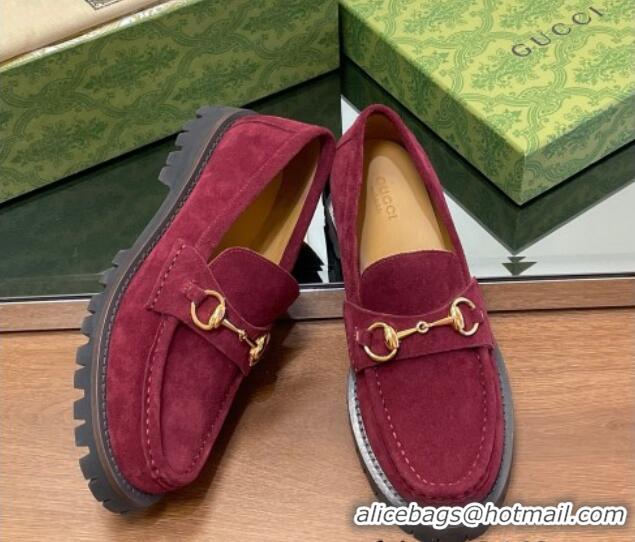 Low Cost Gucci Suede Loafers with Horsebit Burgundy 1231116