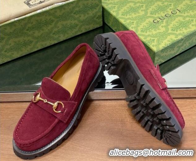 Low Cost Gucci Suede Loafers with Horsebit Burgundy 1231116