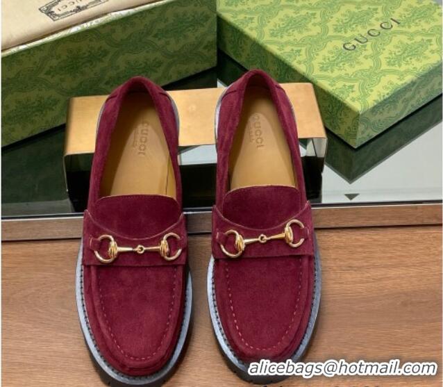 Low Cost Gucci Suede Loafers with Horsebit Burgundy 1231116