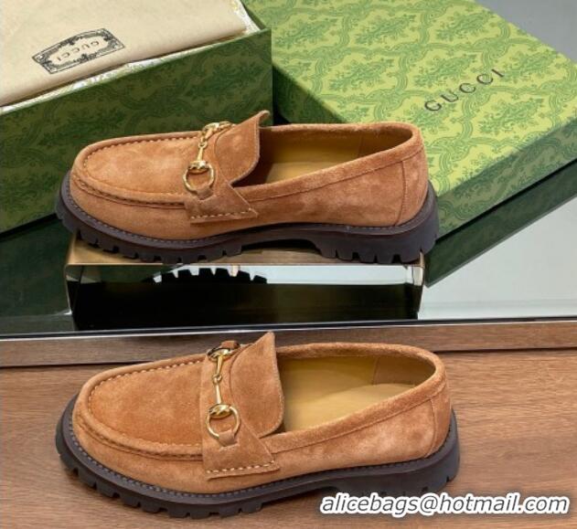 Best Price Gucci Suede Loafers with Horsebit Light Brown 1231118