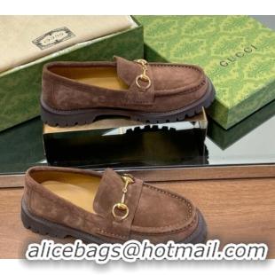 Good Product Gucci Suede Loafers with Horsebit Dark Brown 1231119