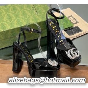 Good Quality Gucci Patent Leather Framed Platform Pumps12cm with Strass GG Black 1231120