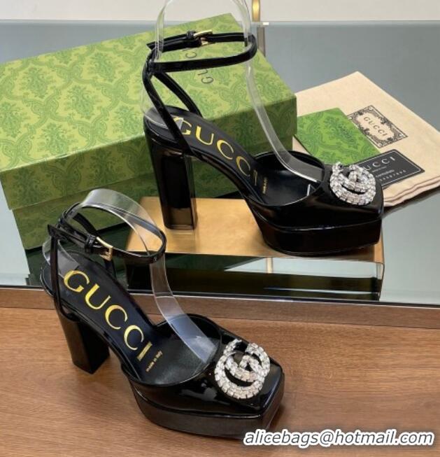 Good Quality Gucci Patent Leather Framed Platform Pumps12cm with Strass GG Black 1231120