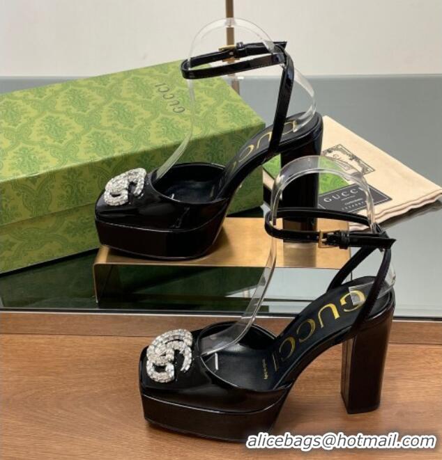 Good Quality Gucci Patent Leather Framed Platform Pumps12cm with Strass GG Black 1231120