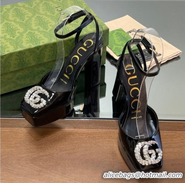 Good Quality Gucci Patent Leather Framed Platform Pumps12cm with Strass GG Black 1231120