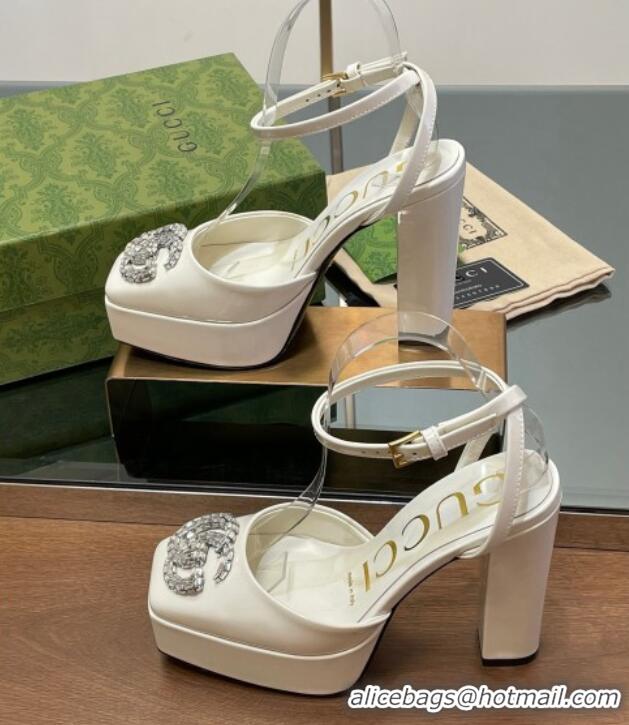 Charming Gucci Patent Leather Framed Platform Pumps12cm with Strass GG White 1231121