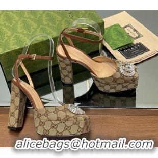 Trendy Design Gucci Canvas Framed Platform Pumps12cm with Strass GG Beige 1231122